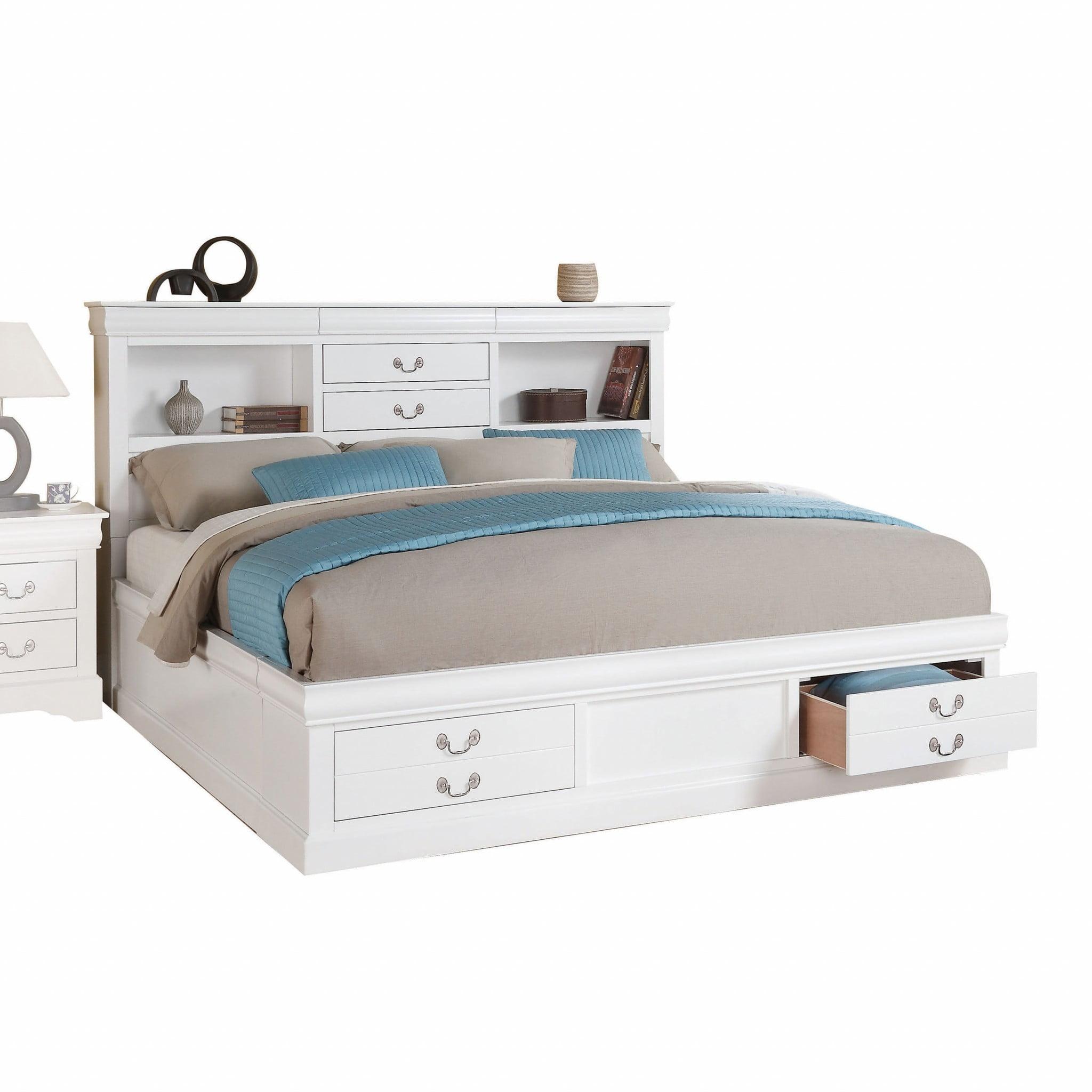 White Wooden Queen Bed with Storage and Bookcase Headboard