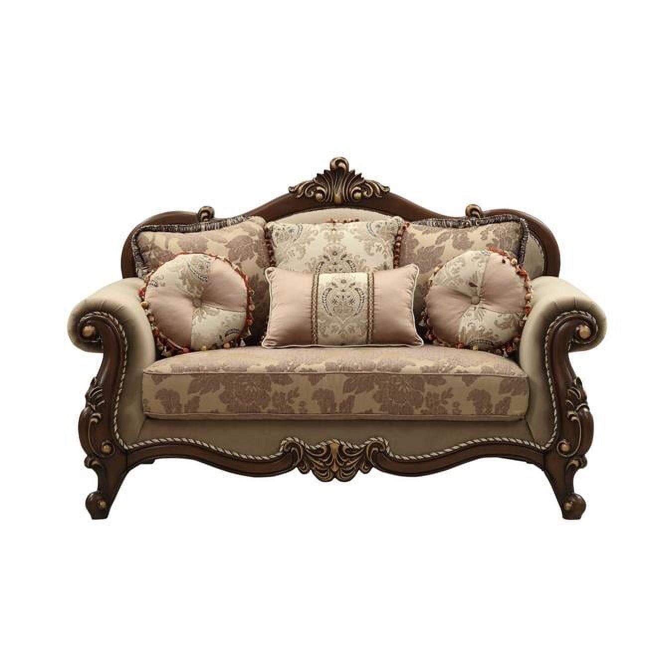 Beige and Walnut Upholstered Loveseat with Pillows