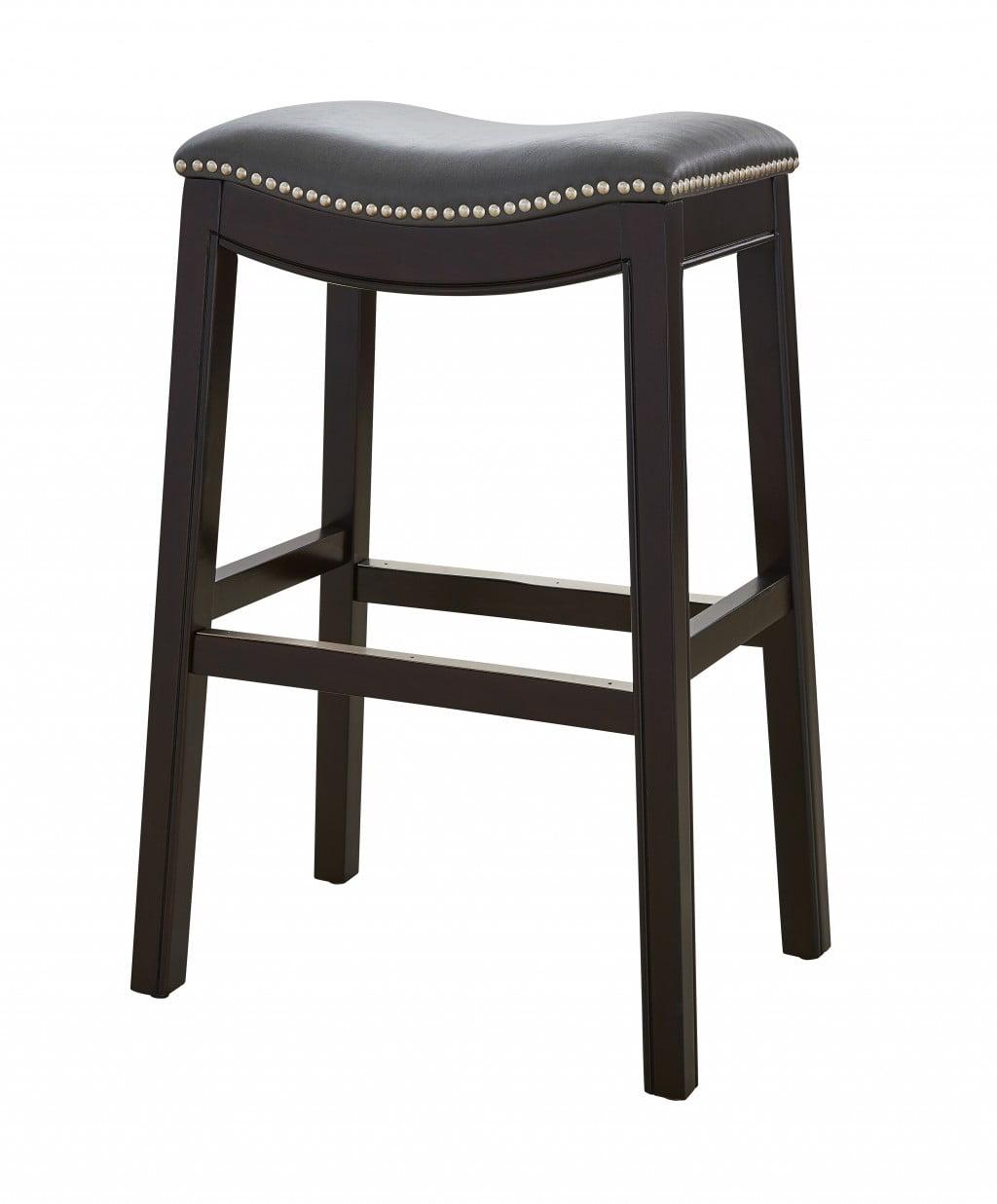 Espresso & Gray Solid Wood Saddle Bar Stool with Metal Accents