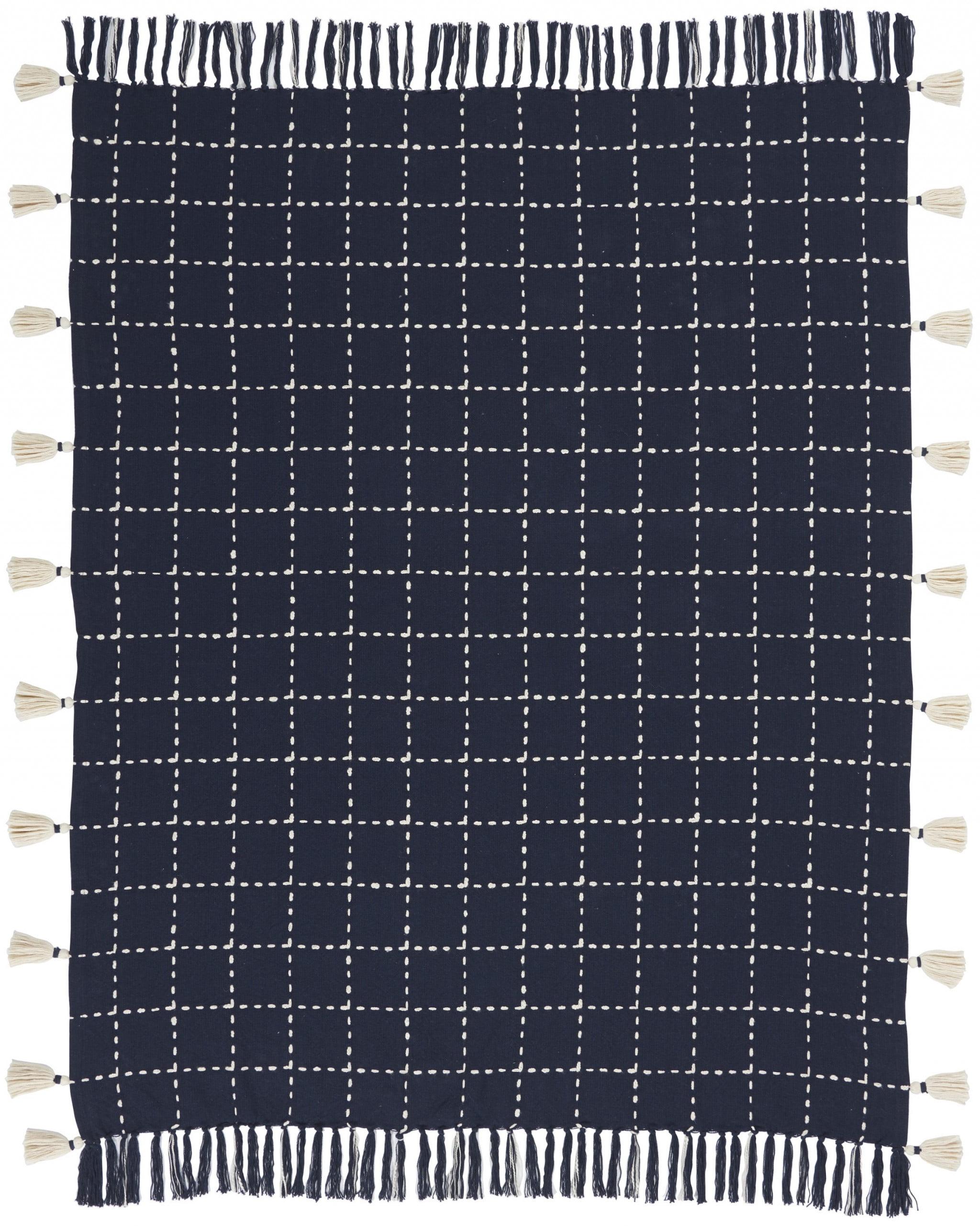 Navy & White Stitched Square Pattern Cotton Throw Blanket