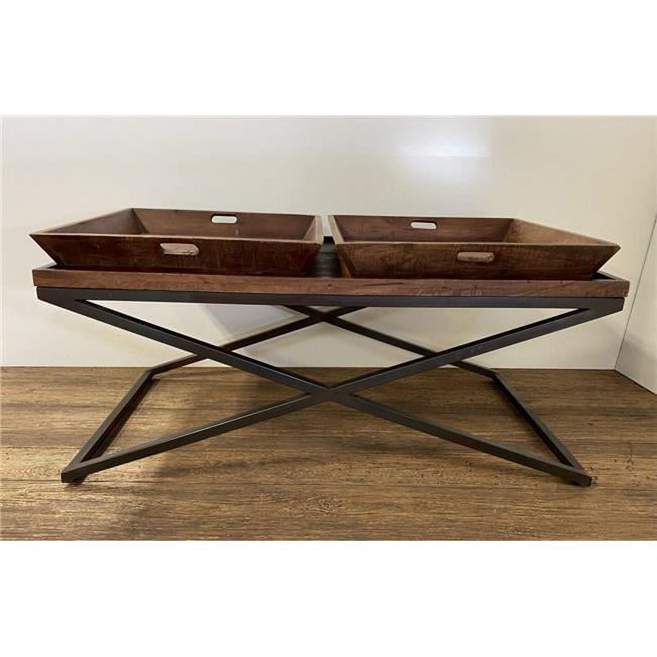 Rustic Mango Wood & Iron Cross-Leg Lift-Top Coffee Table with Removable Trays