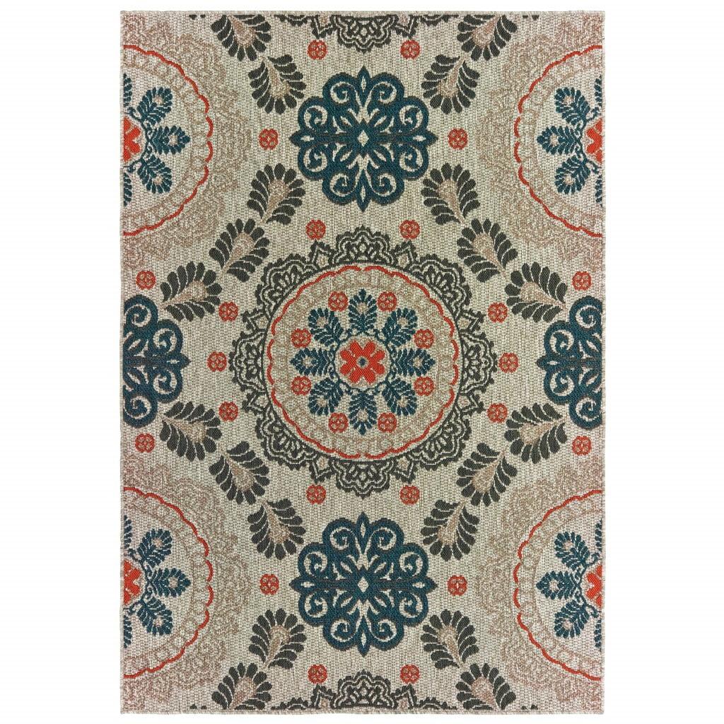 Blue and Beige Floral Indoor Outdoor Area Rug