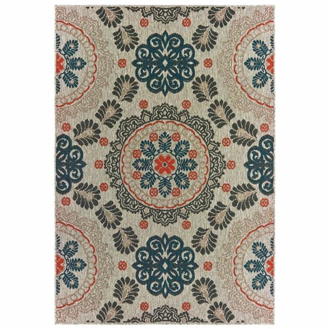 Blue and Beige Floral Indoor Outdoor Area Rug