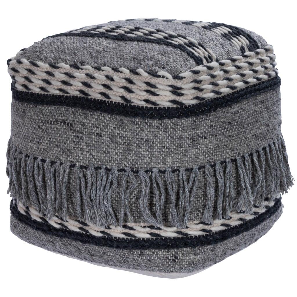 Boho Chic Black and Gray Square Pouf with Tassels