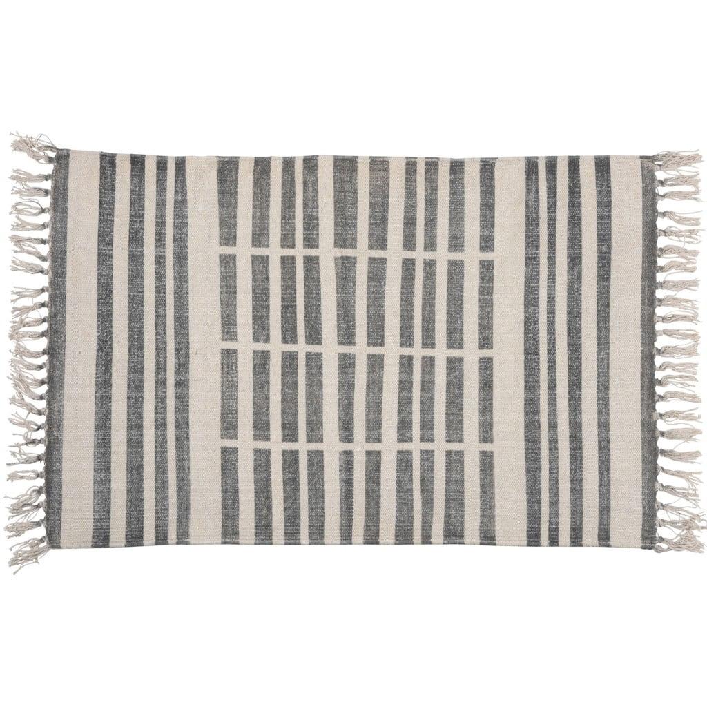 Pebble Gray and Soft Cream Handmade Cotton Stripe Rug 24" x 36"