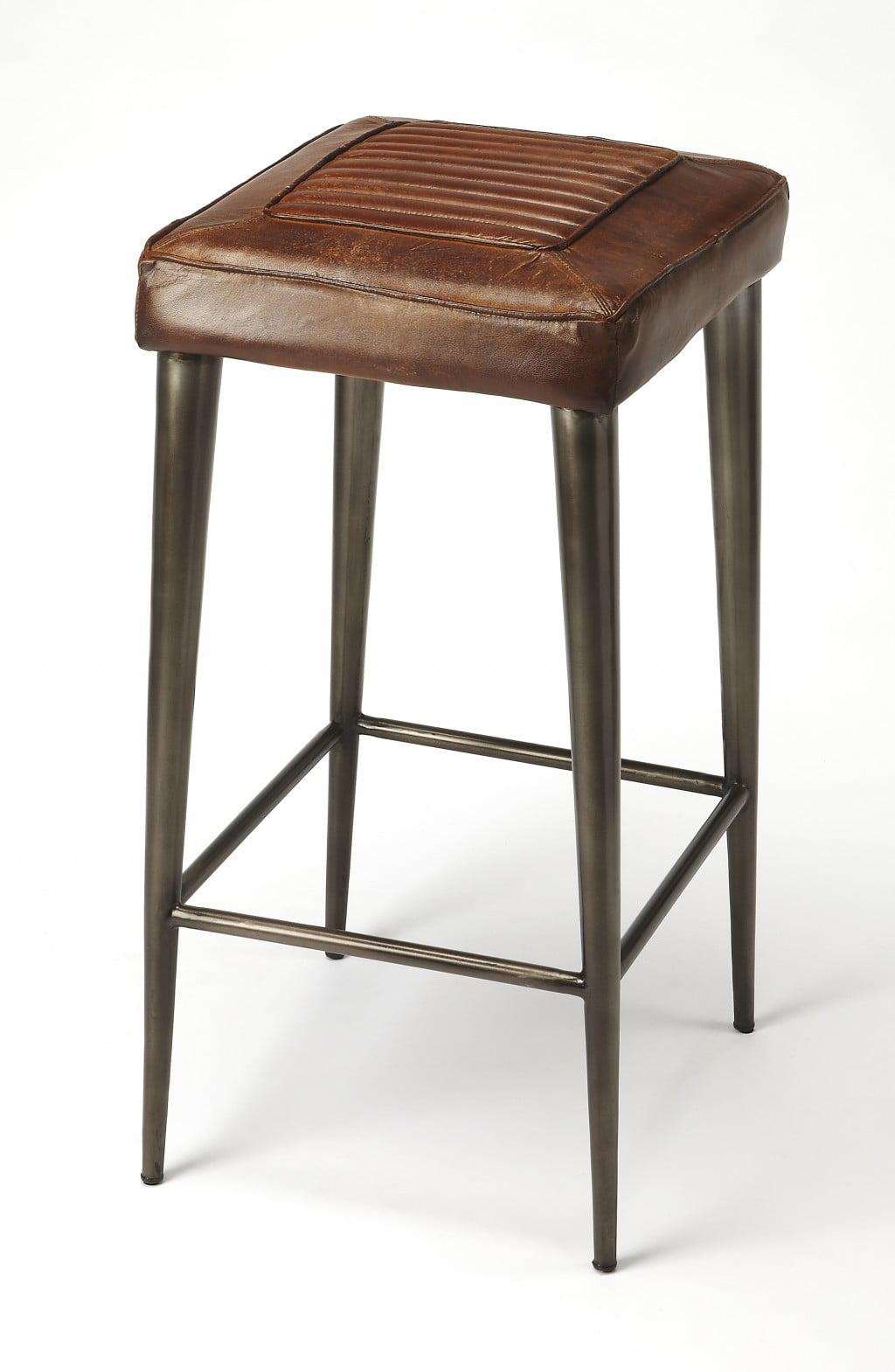 32" Brown Leather and Iron Backless Bar Stool with Footrest