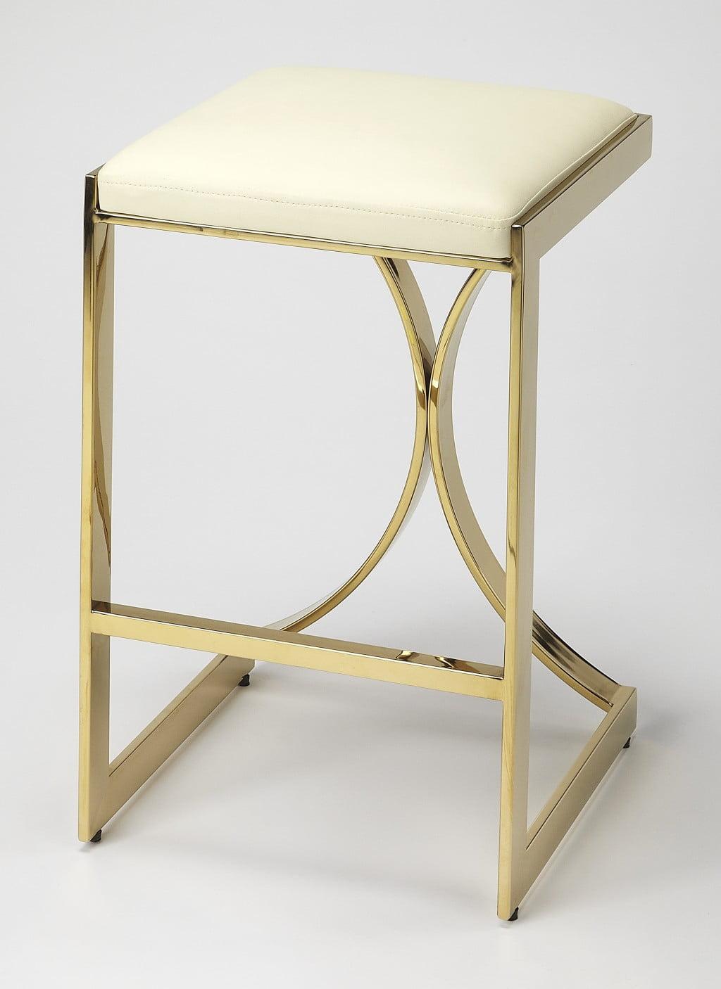 Elegant Swivel 24" White Leather & Gold Metal Backless Counter Stool