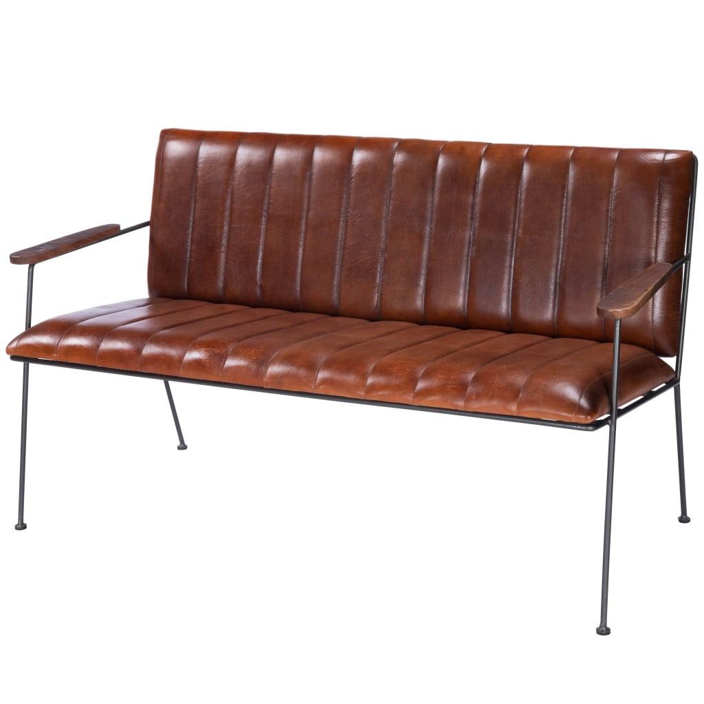 Medium Brown Leather and Metal Bench with Wood Arms