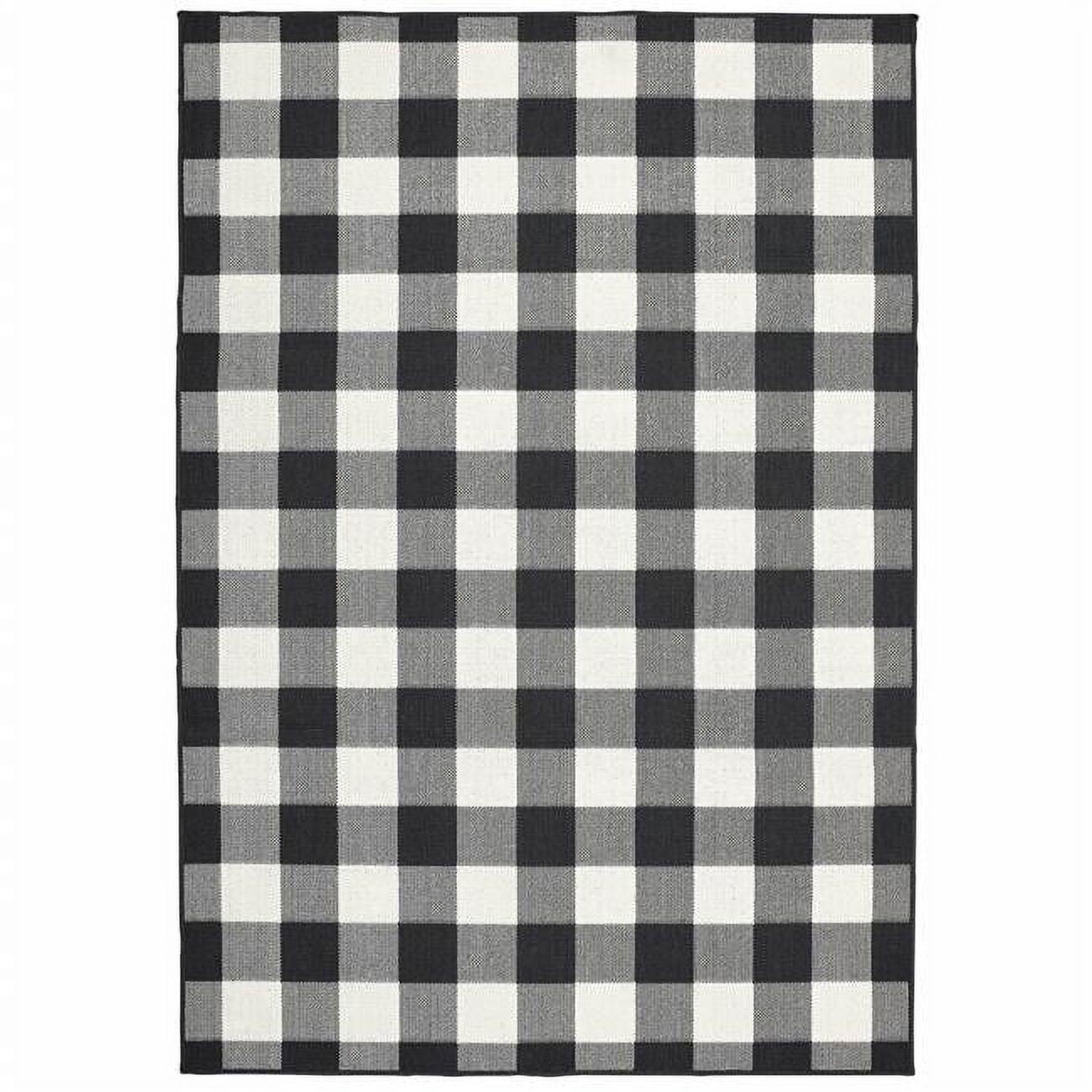 Elegant Black and Ivory Gingham Synthetic Area Rug, 5'x8'