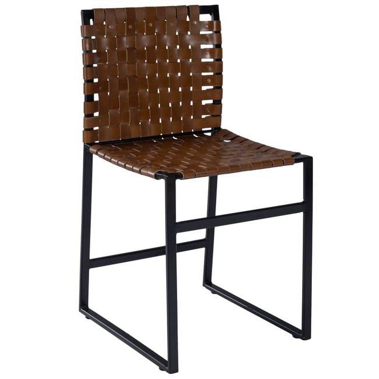 Chic Medium Brown Woven Leather Side Chair with Metal Frame