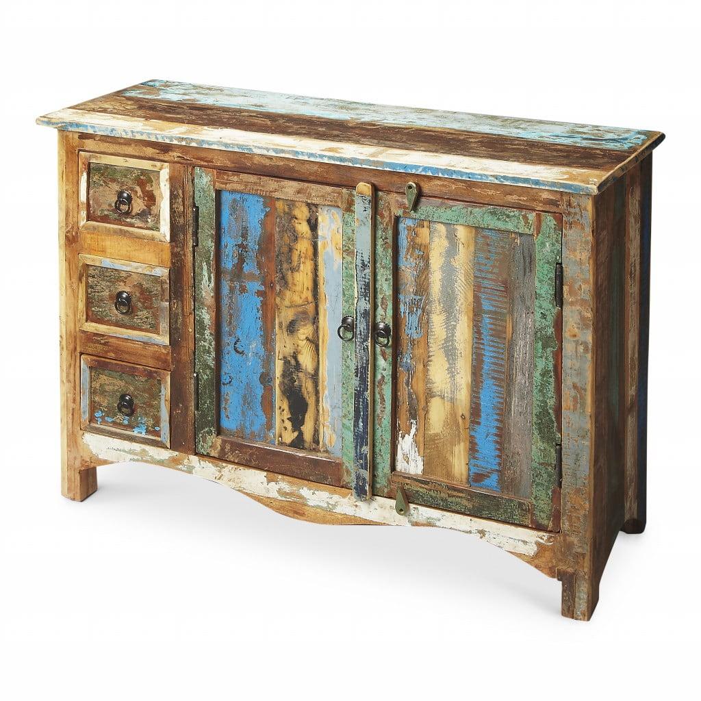 Recycled Wood Multicolor Rustic Sideboard with Iron Hardware