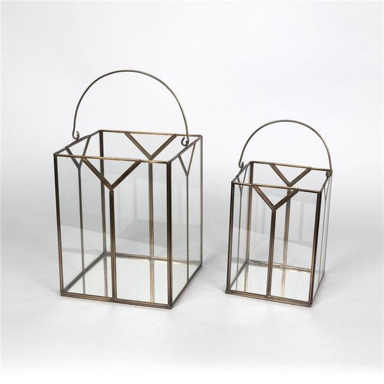 Elegant Gold Metal & Clear Glass Square Hanging Lanterns, Set of 2