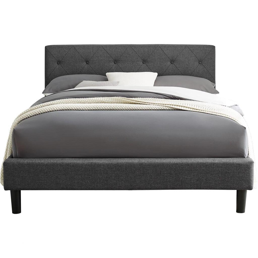 Gray Queen Upholstered Platform Bed with Tufted Headboard