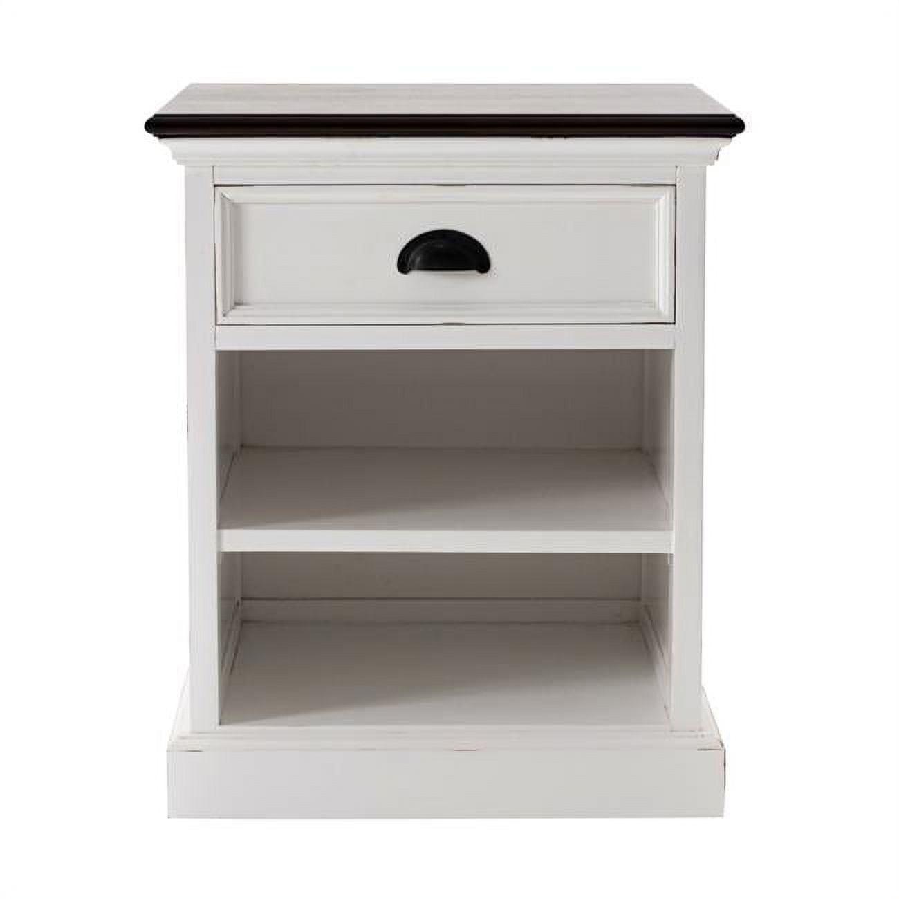 Distressed White & Deep Brown Mahogany Nightstand with Drawer & Shelves