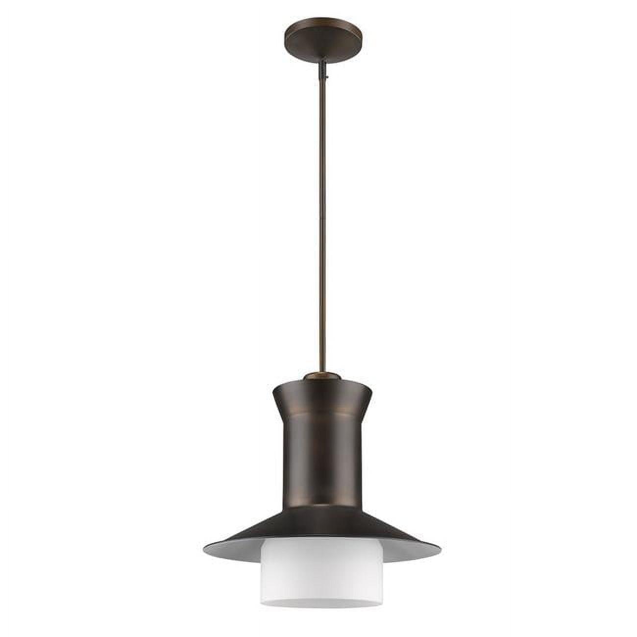 HomeRoots 398188 16 x 16 x 16 in. Greta 1-Light Oil-Rubbed Bronze Pendant with Gloss White Interior & Etched Glass Shade