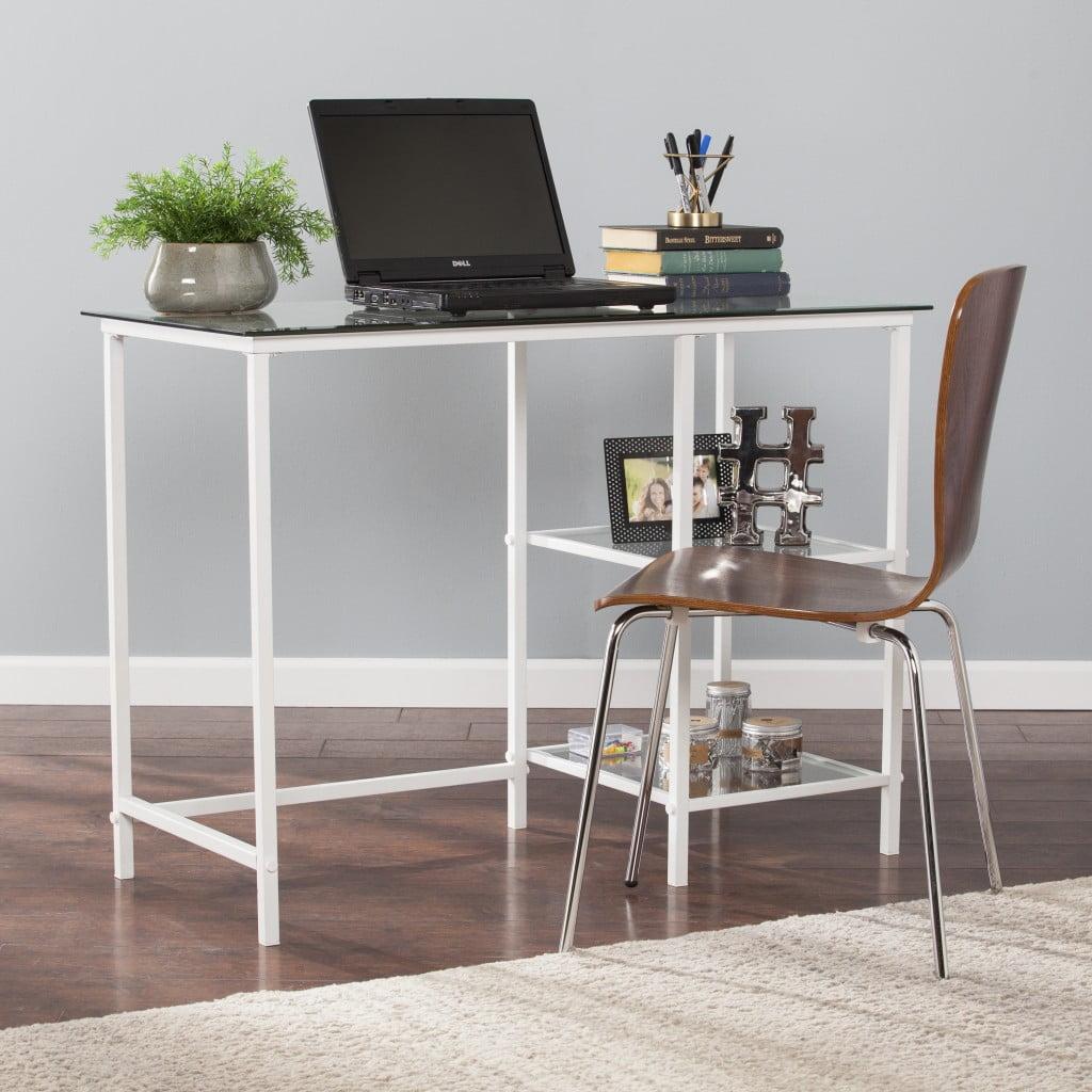 White Glass and Metal Writing Desk with Shelf