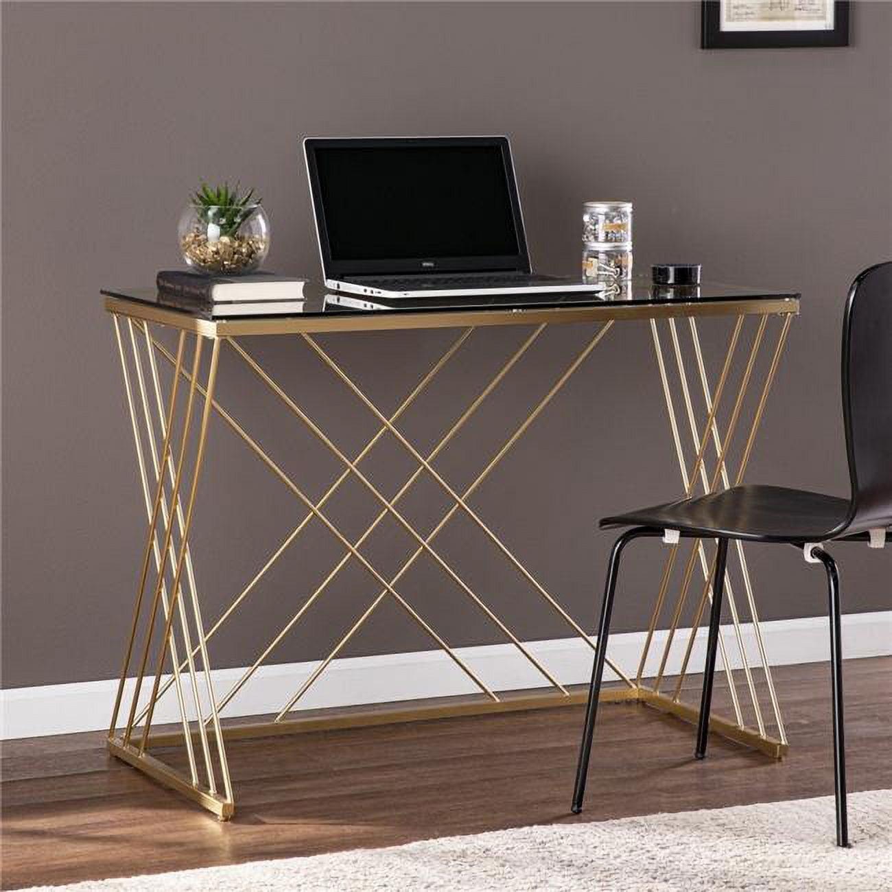 Elegant Golden Criss Cross Metal and Glass Office Desk