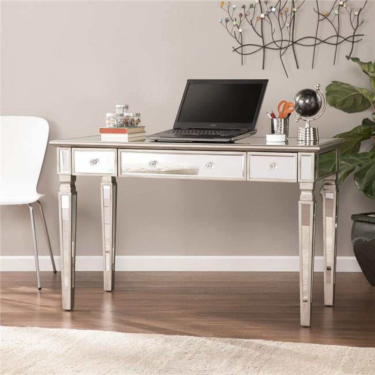 Elegance Silver Matte 48" Mirrored Writing Desk with Crystal Knobs