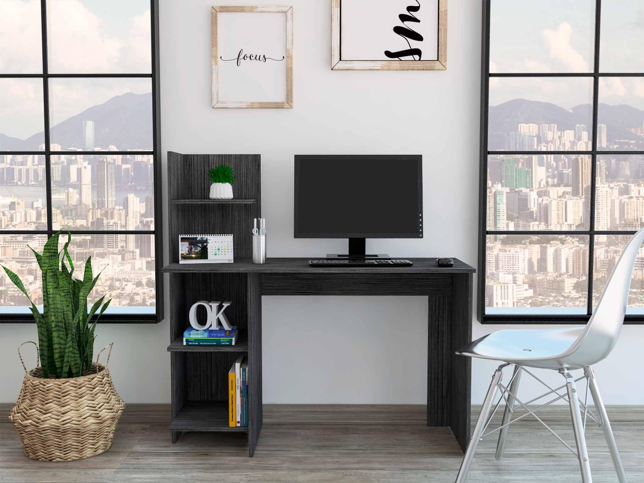 Smokey Gray Rectangular Computer Desk with Shelves