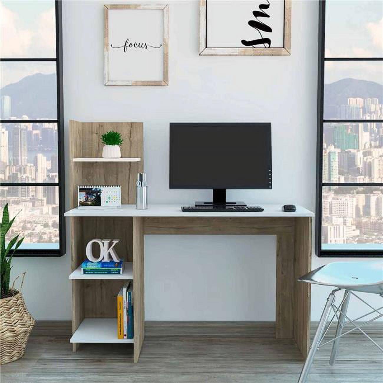 Modern White and Pine Wood Computer Desk with Shelves