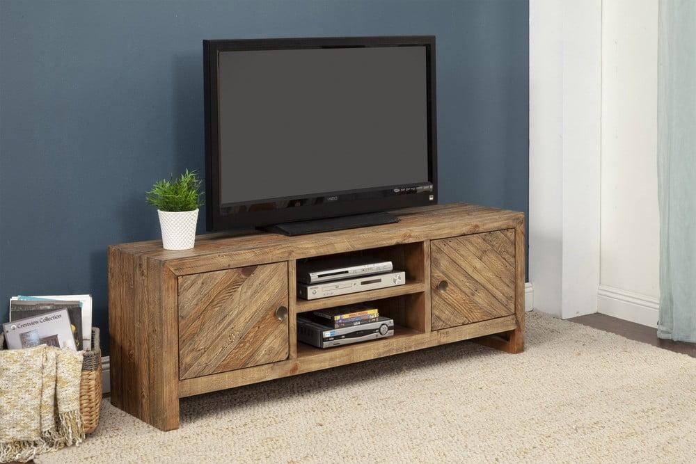 Industrial Brown Pine Wood TV Console with Cabinet