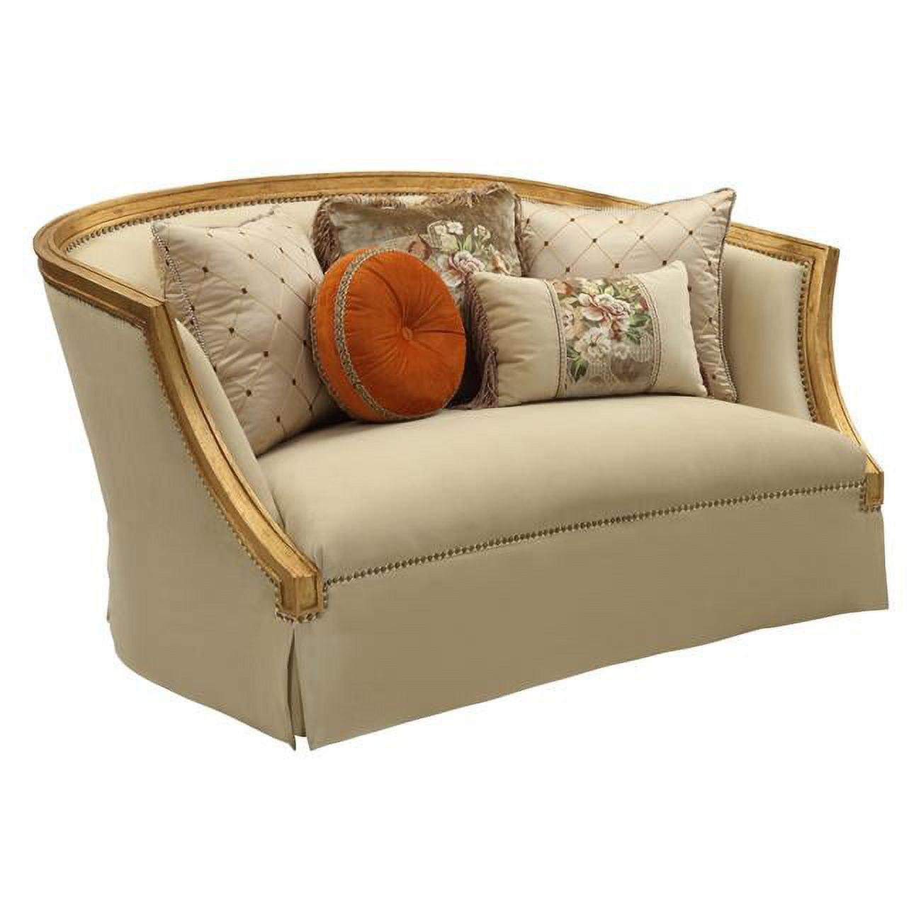 Beige Leather Tufted Sleeper Loveseat with Nailhead Wood Accents