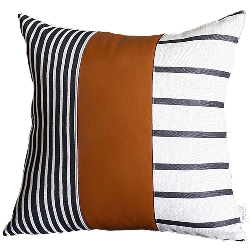 HomeRoots Set Of Two 17" X 17" Brown And White Faux Leather Striped Zippered Pillow Cover