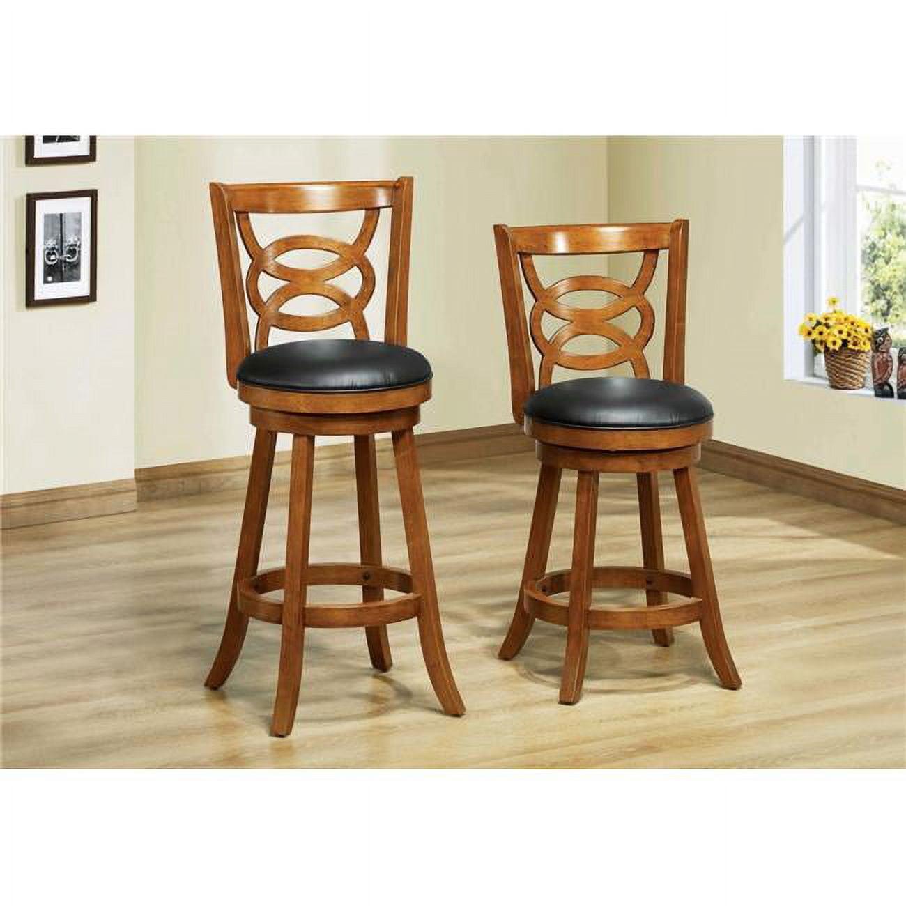 Elegant 35" Black Leather and Oak Swivel Barstool Set