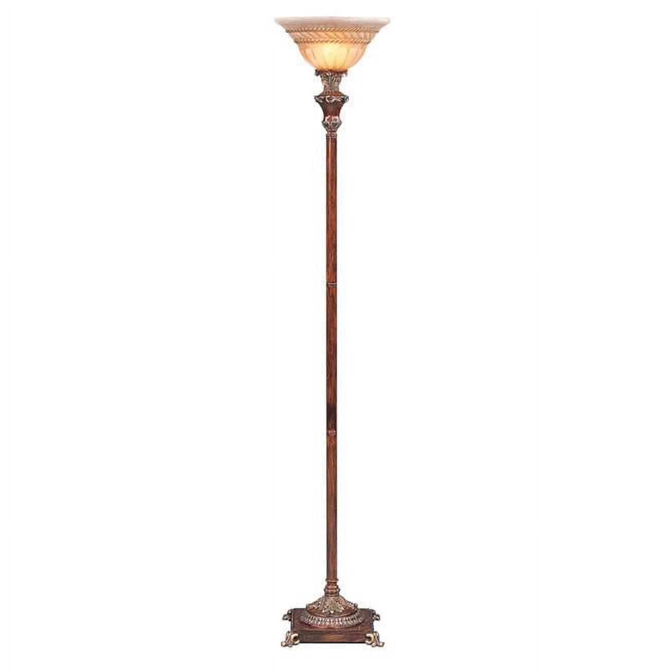 Elegant Faux Wood Torchiere Floor Lamp with Stained Glass Shade