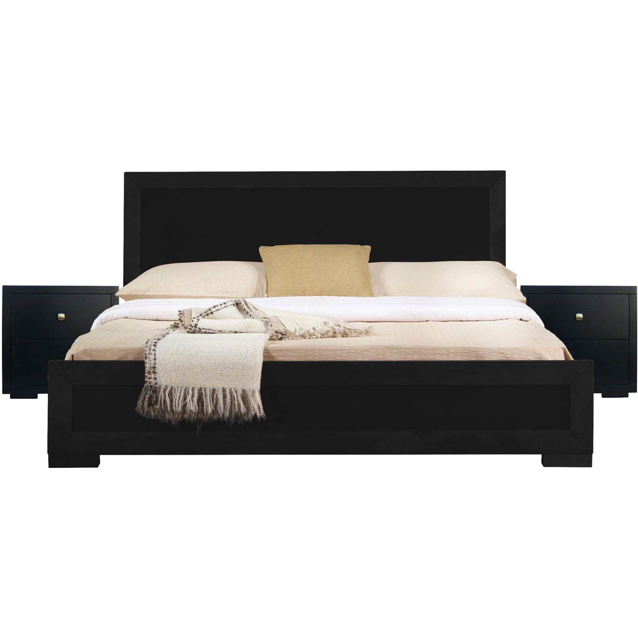 Moma Black Wood Platform Queen Bed with Two Nightstands