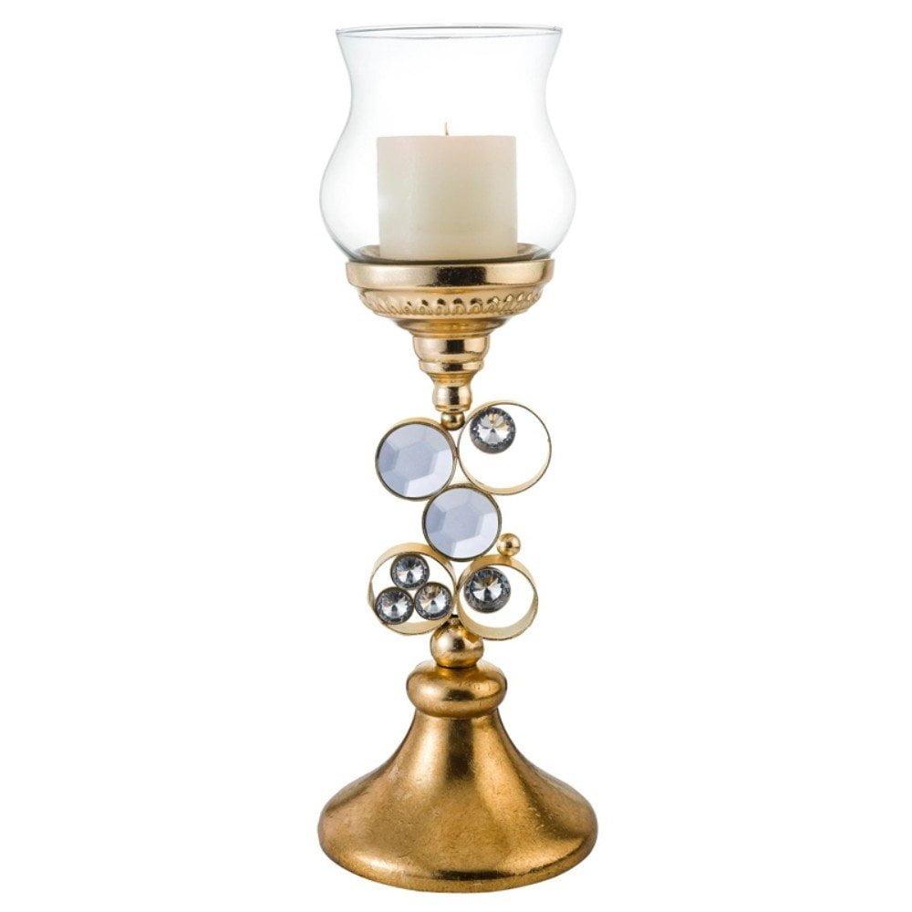 Gold and Faux Crystal 18" Tabletop Hurricane Candle Holder