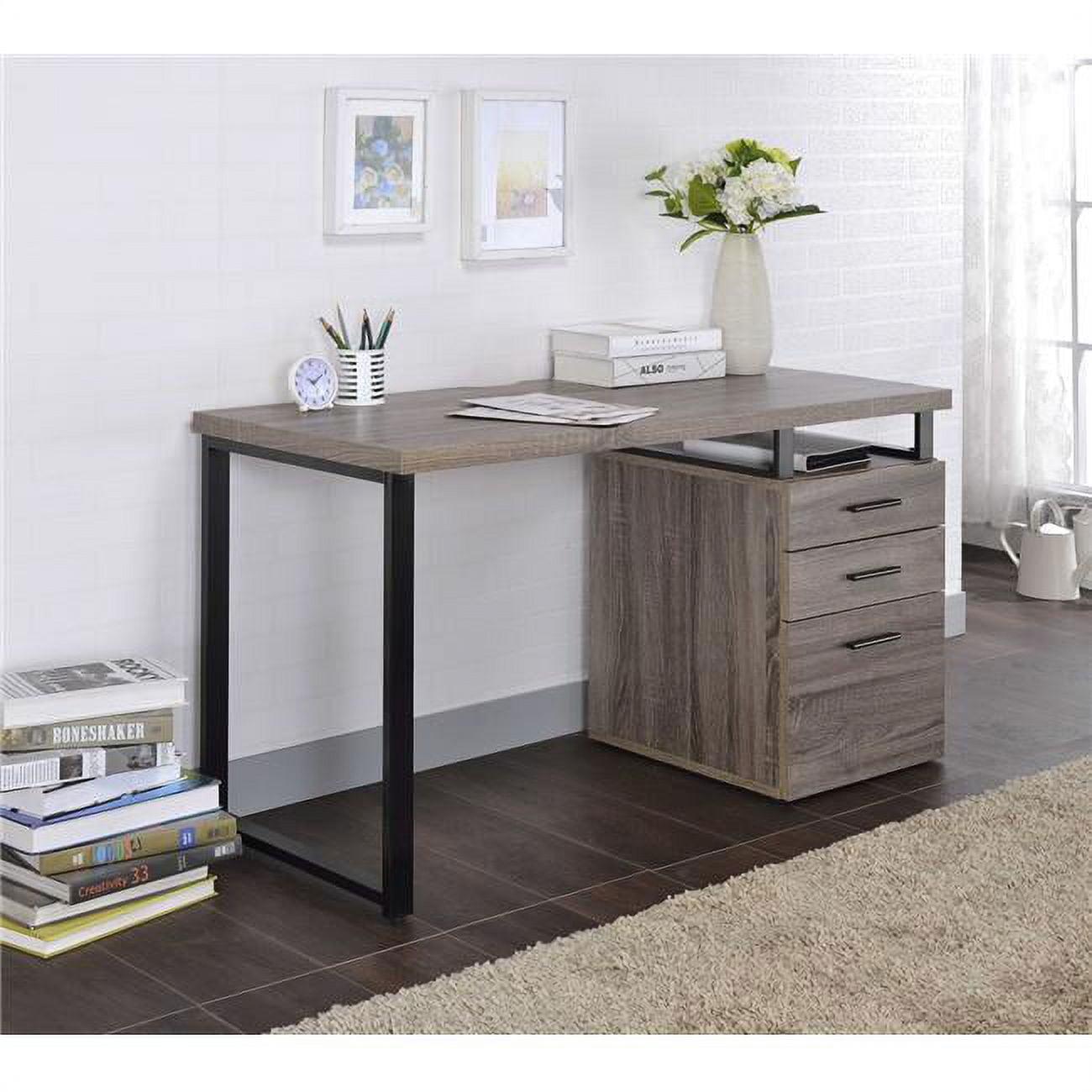 Weathered Oak and Black Metal Rectangular Desk with Drawers