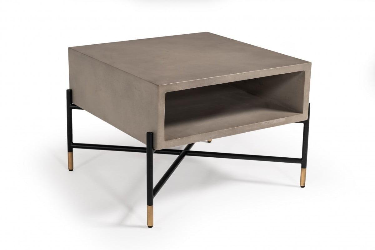 Contemporary Square Gray Concrete & Black Metal Lift-Top Coffee Table with Storage