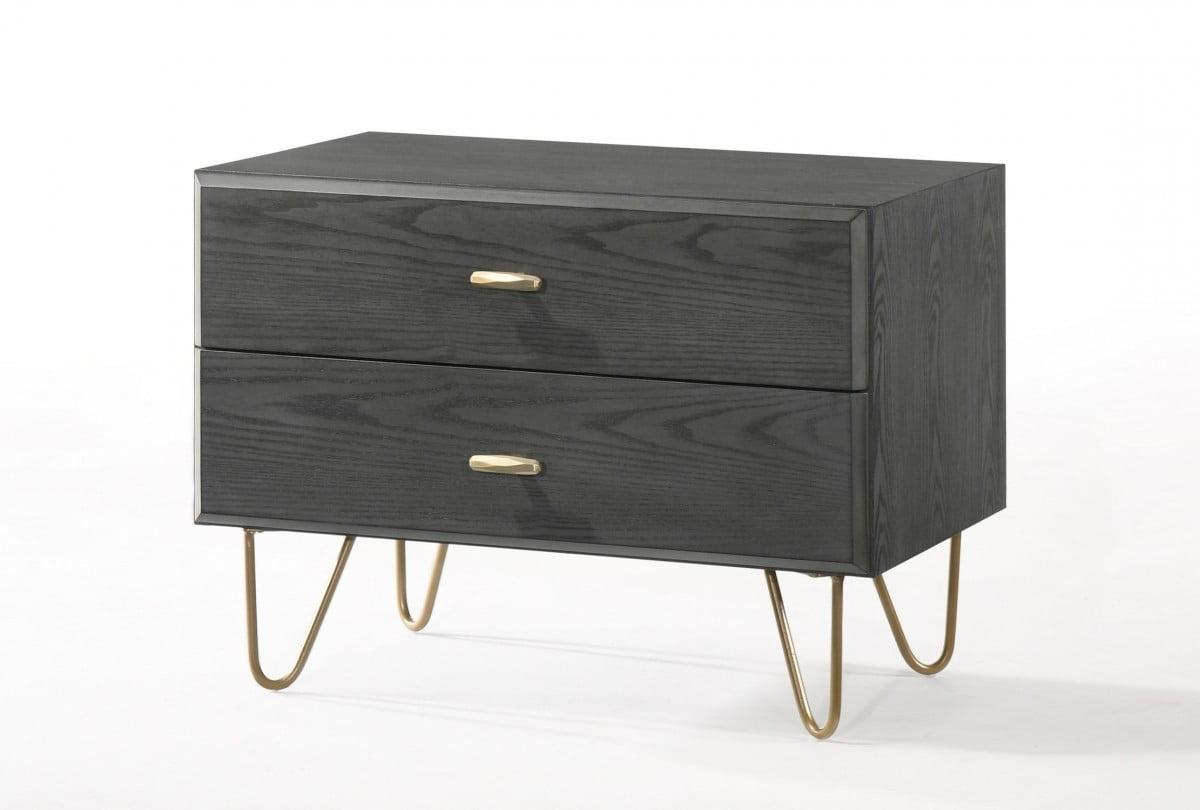 Modern Gray Ash Veneer Nightstand with Brushed Gold Handles