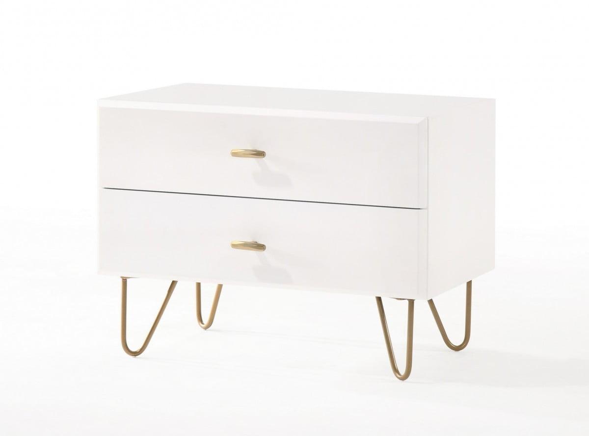 White and Gold 2-Drawer Nightstand with Metal Legs