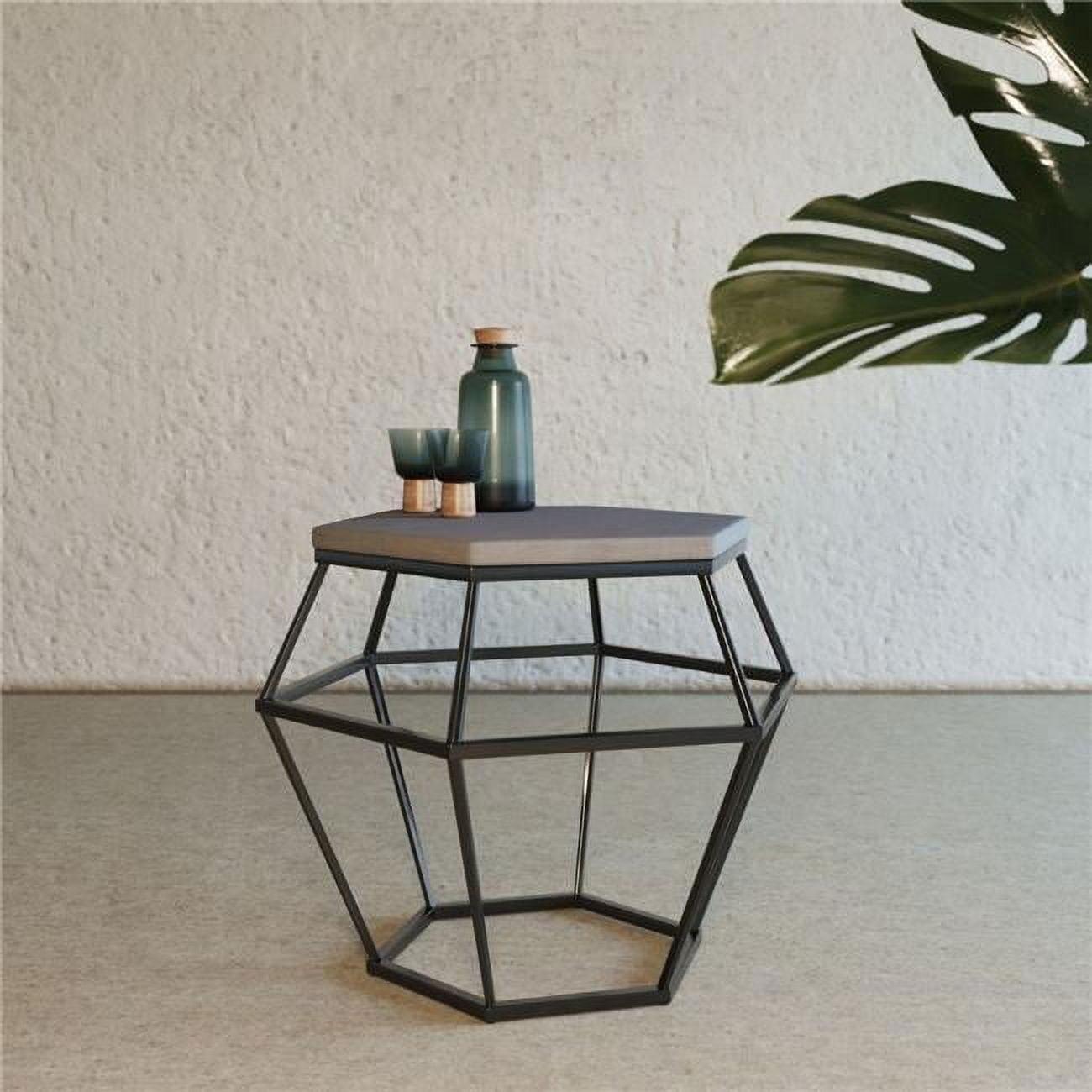 Modern Hexagonal Concrete & Black Metal Storage End Table