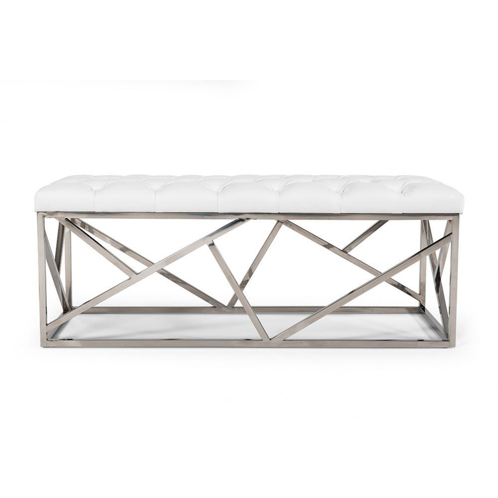 48" White Faux Leather Bedroom Bench with Silver Metal Base