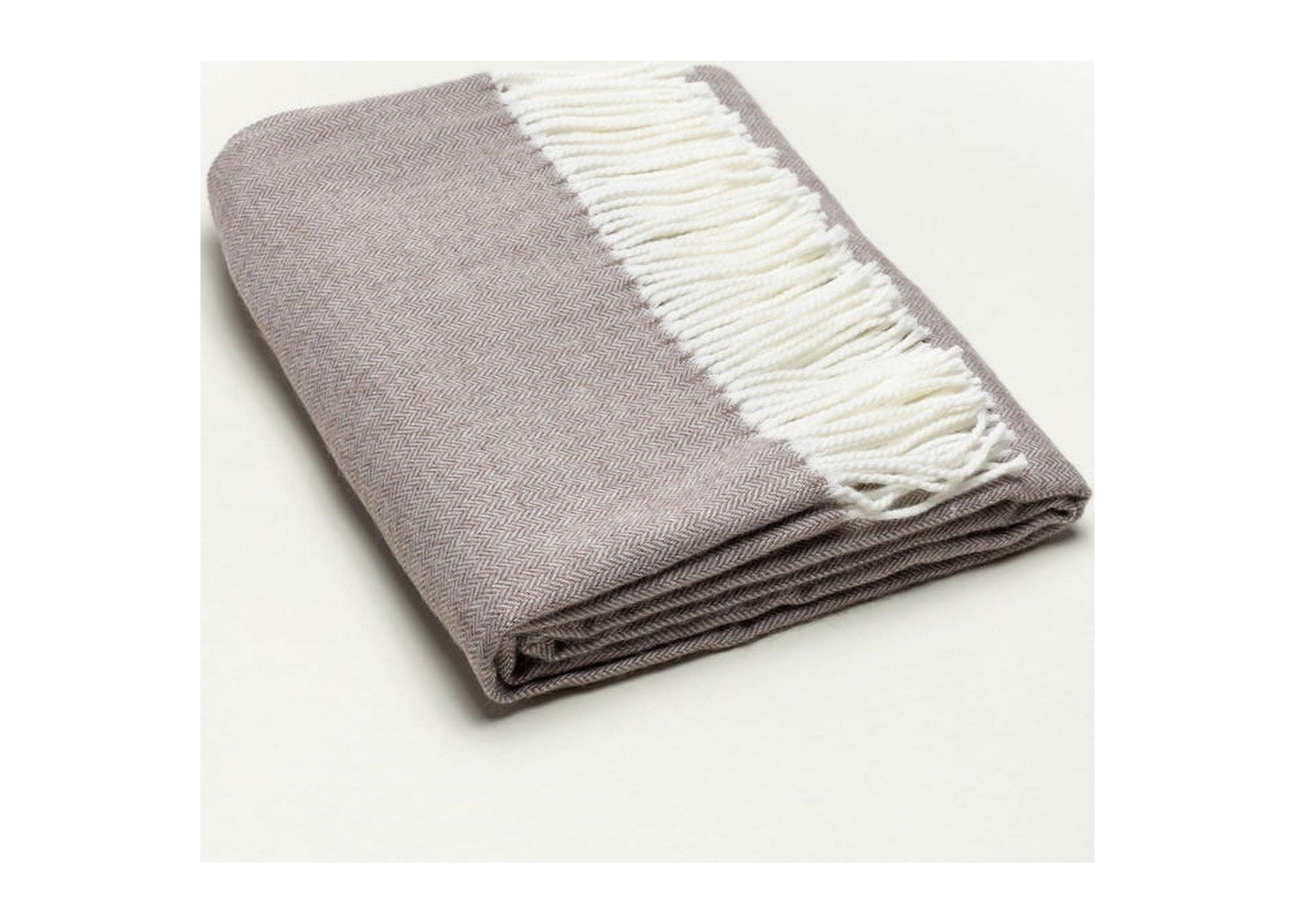 Luxurious Taupe and White Wool Herringbone Throw Blanket with Tassels