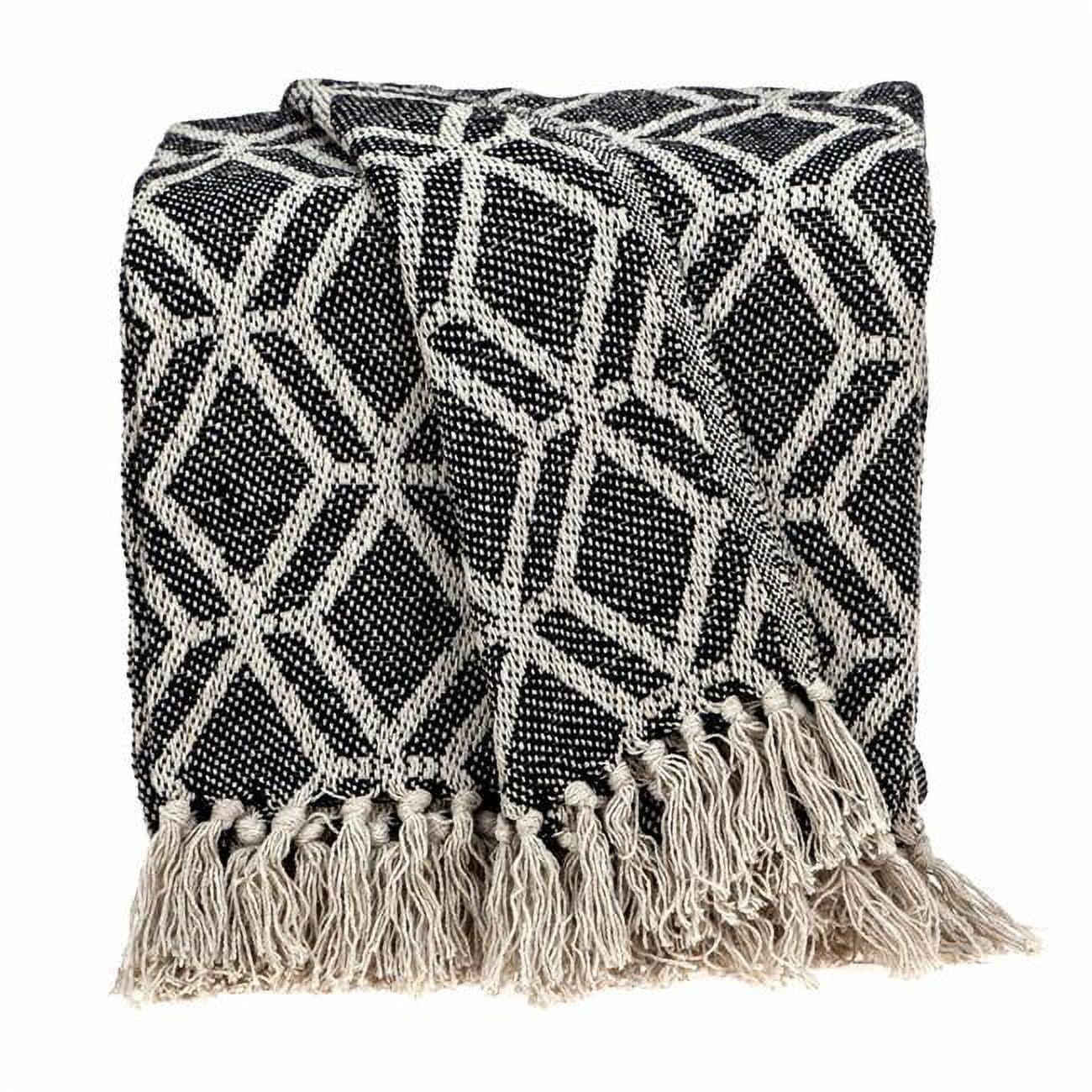 Grey and Beige Handloom Geometric Woven Wool Throw Blanket