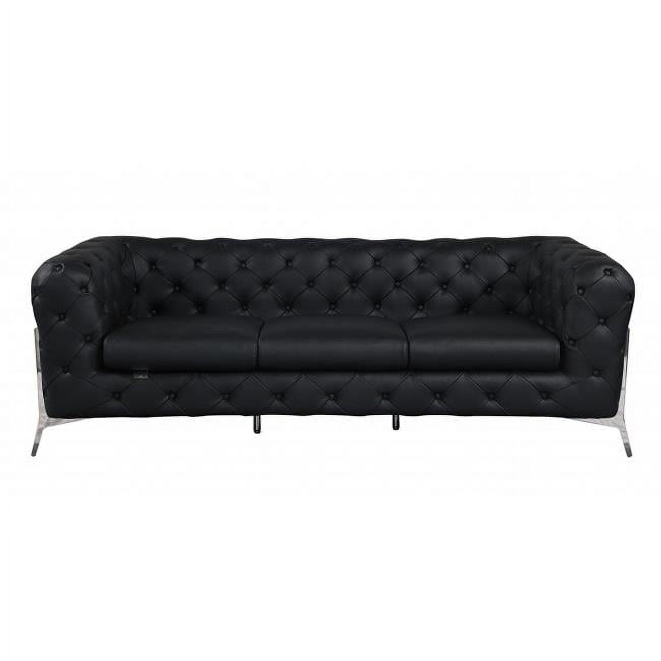 93" Luxe Black Genuine Leather Tufted Sleeper Sofa with Chrome Legs