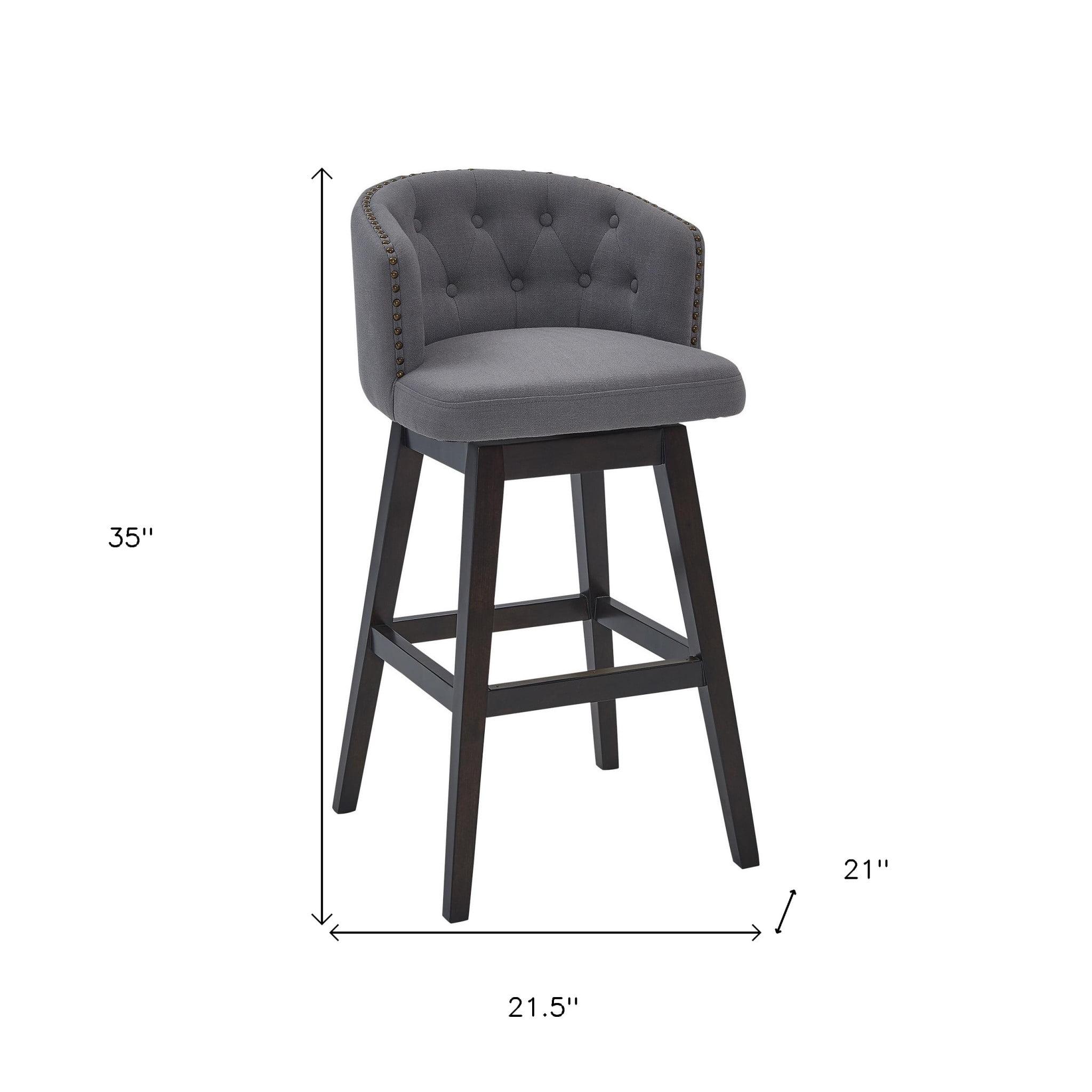 30" Grey Tufted Fabric and Dark Espresso Wood Swivel Bar Stool