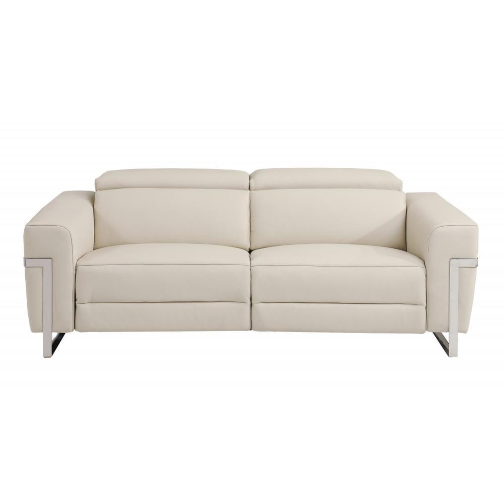 83" Beige Italian Leather Reclining Sofa with Black Metal Legs