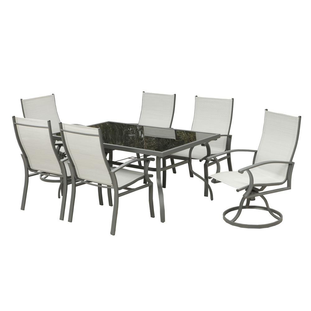 Gray and Black Rectangular Glass Outdoor Dining Set with Six Chairs