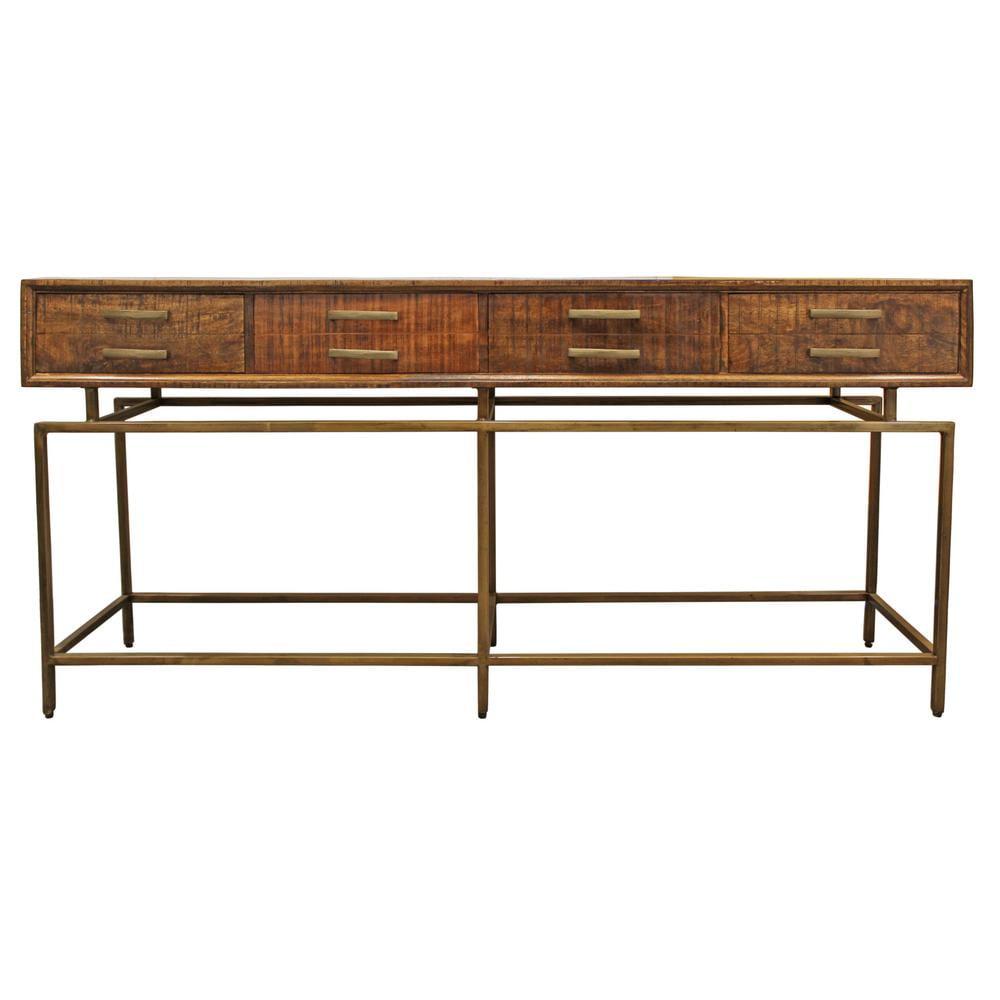 72'' Brown and Brass Solid Wood Console Table with Storage