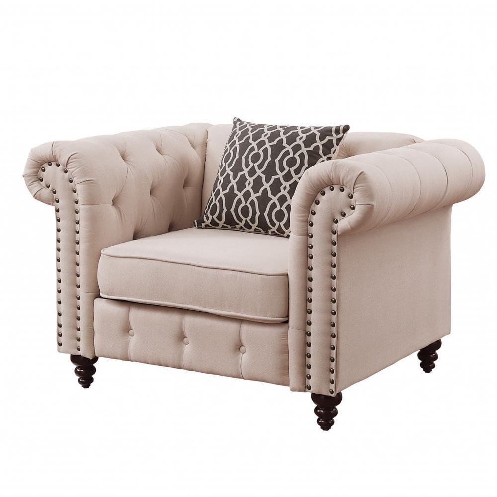 Beige Linen and Black Tufted Chesterfield Accent Chair