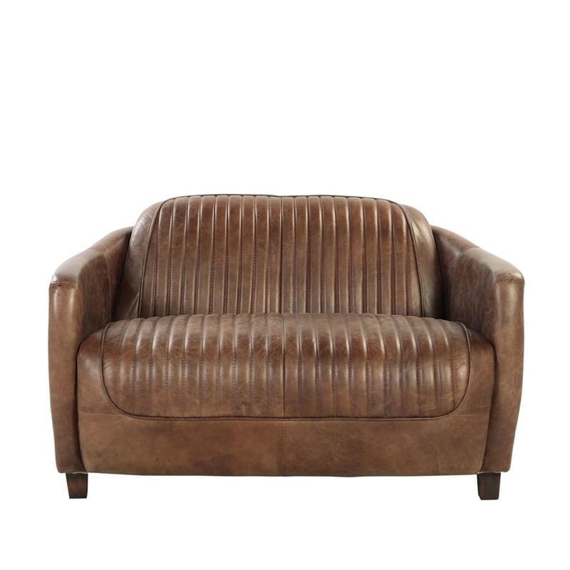 50" Retro Brown Leather Loveseat with Curved Lines