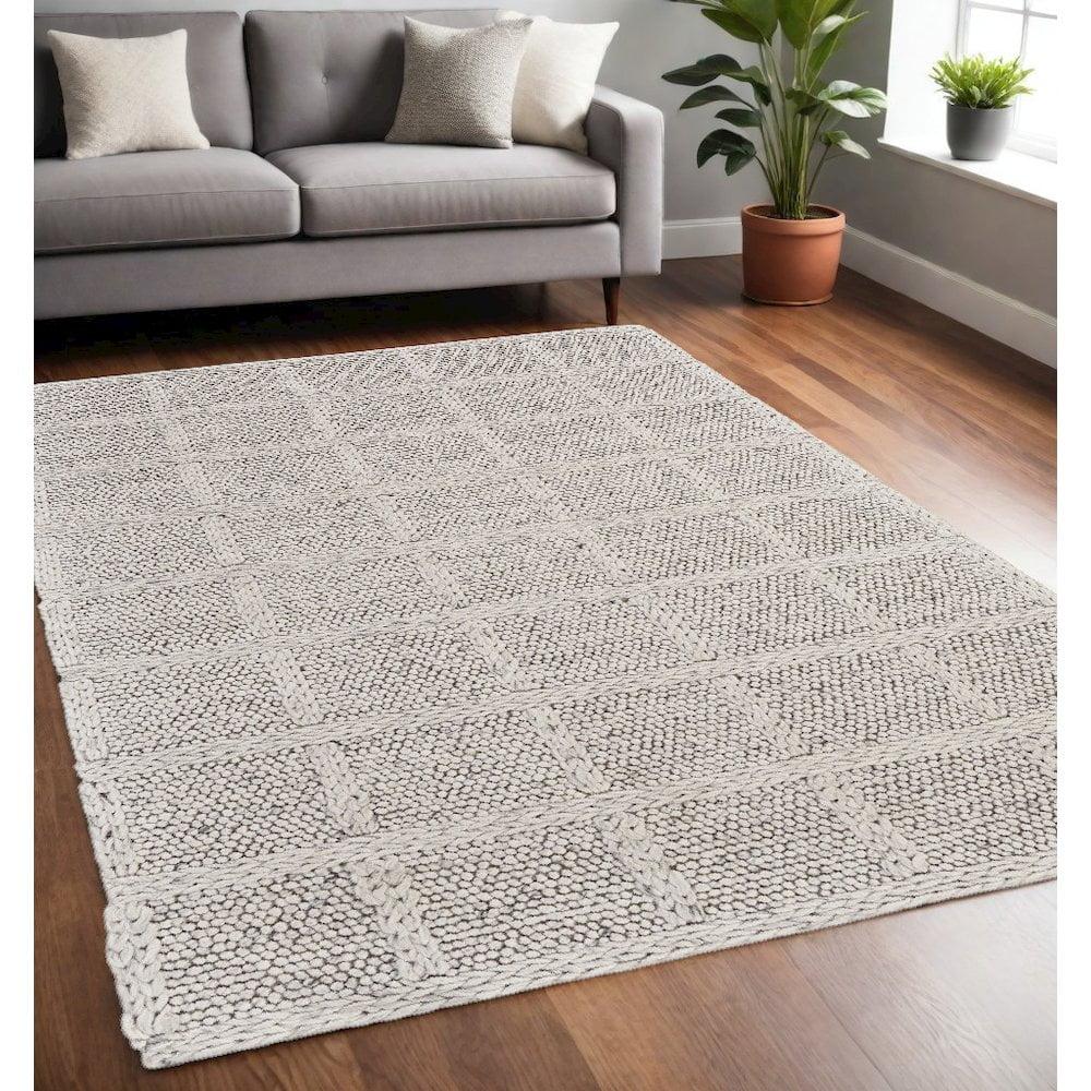 Ivory Handwoven Wool Rectangular Plaid Area Rug 2' x 3'