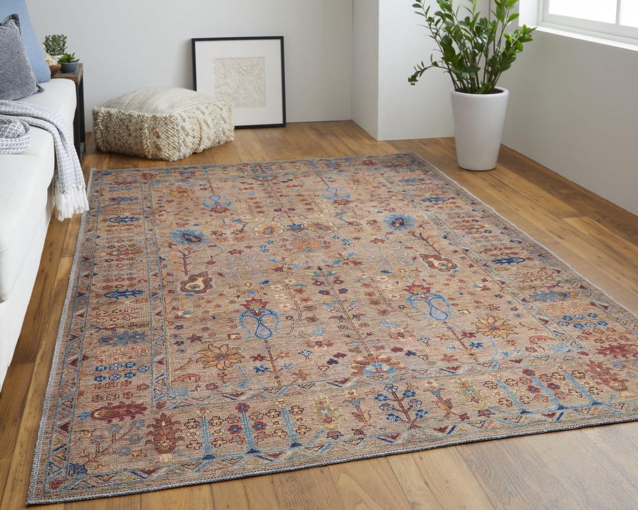 4' x 6' Blue and Tan Floral Wool Cotton Area Rug