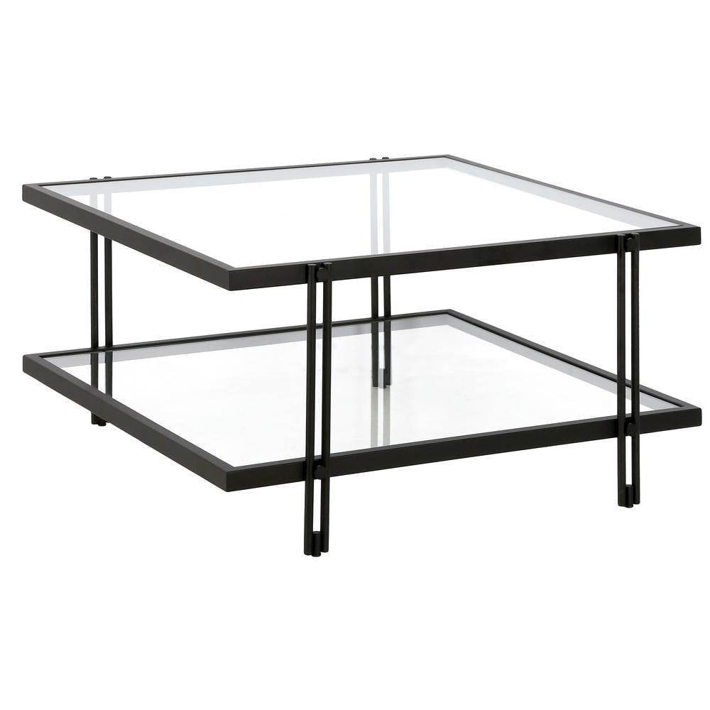 32" Black Glass and Steel Square Coffee Table with Shelf