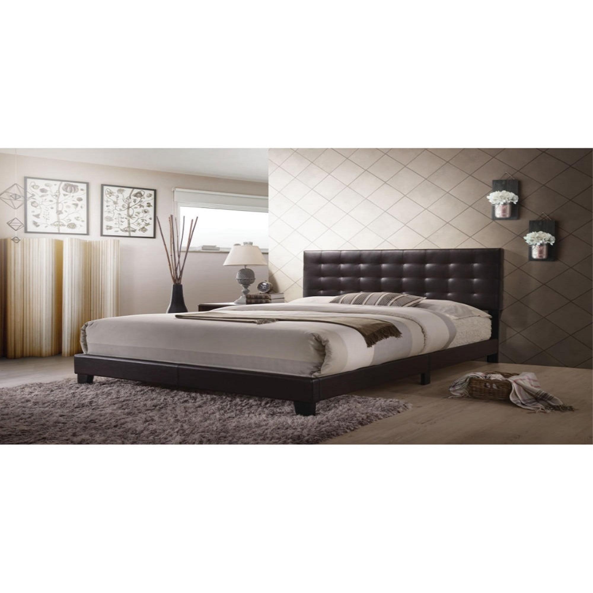 Queen Espresso Upholstered Wood Frame Bed with Tufted Headboard